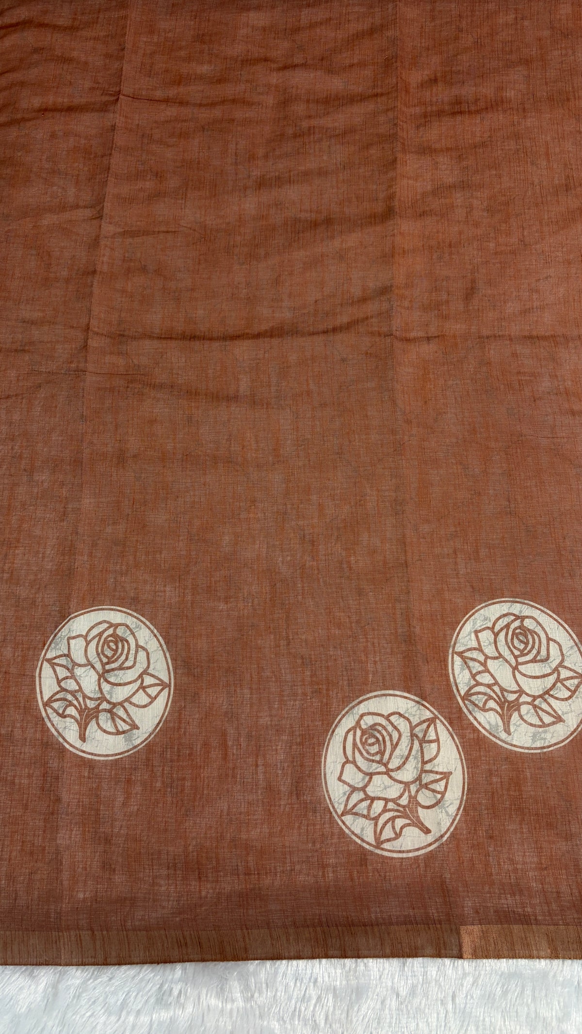 Cotton Linen Rust Color Abstract Print Saree