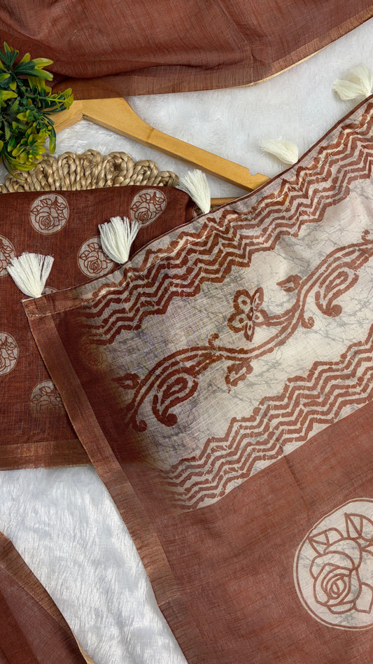 Cotton Linen Rust Color Abstract Print Saree