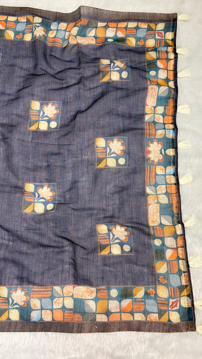 Cotton Linen Bright Ink Blue Color with Abstract Print Saree