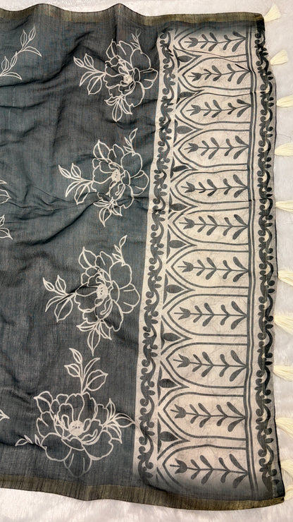 Cotton Linen Teal Blue Color Tone with Flower Print saree