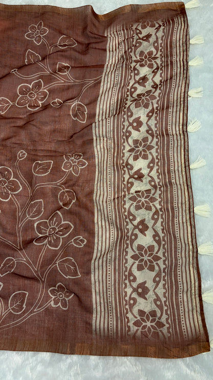 Cotton Linen Rust with Orange Dual Color Flower Print Saree