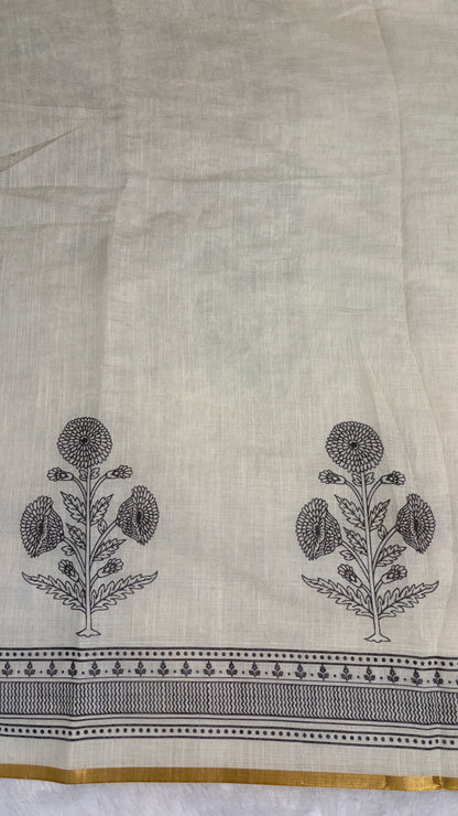 Cotton Linen Black & White Abstract Printed Saree With Black Tassels