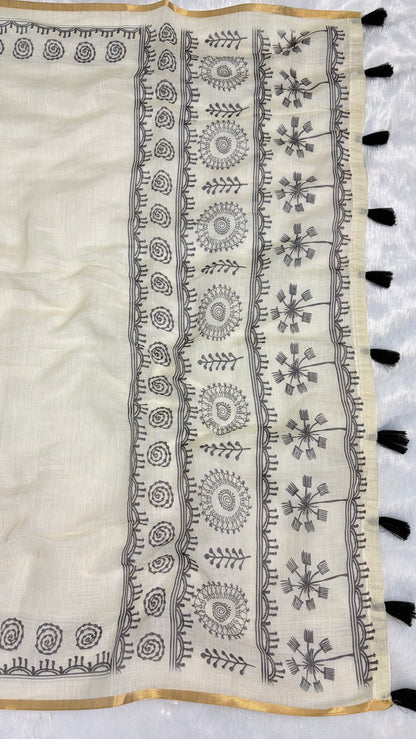 Cotton Linen Black & White Abstract Printed Saree With Black Tassels