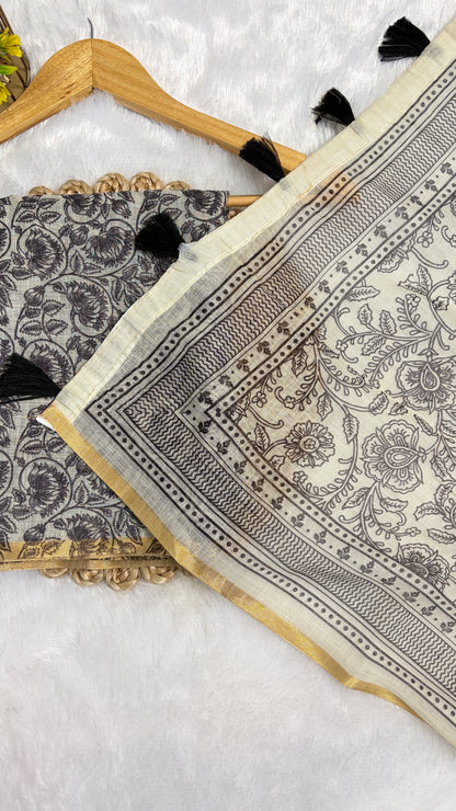Cotton Linen Black & White Abstract Printed Saree With Black Tassels