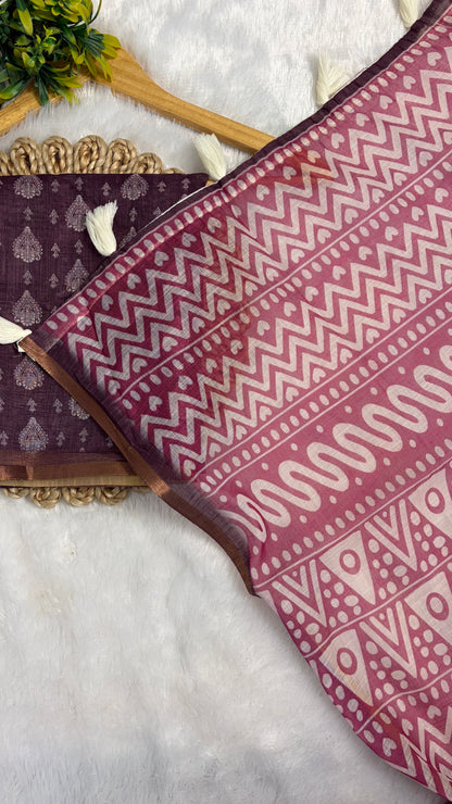 Cotton Linen Magenta Pink Color Saree