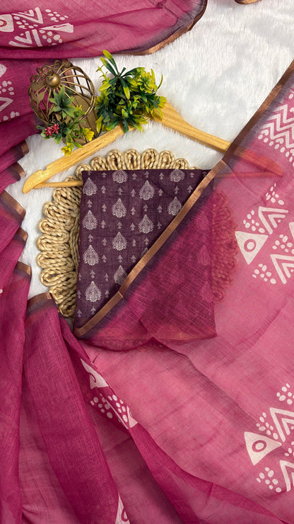 Cotton Linen Magenta Pink Color Saree