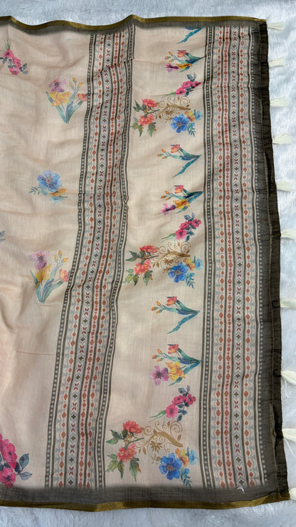 Cotton Linen beige with mahendi color Blouse Flower printed saree