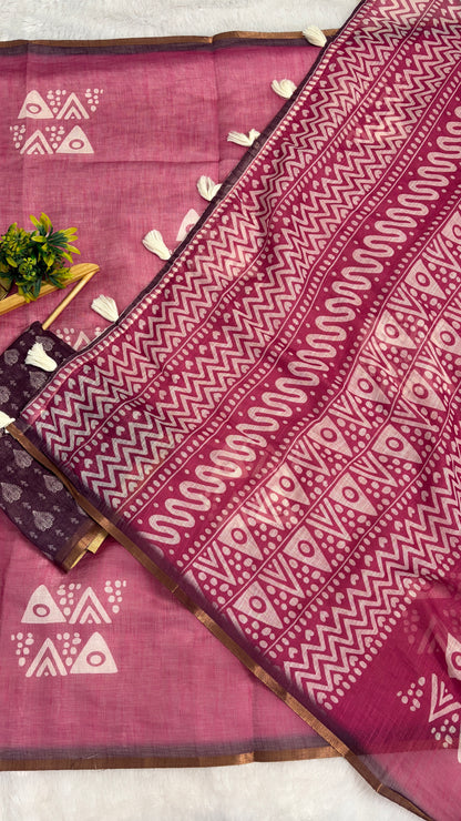Cotton Linen Magenta Pink Color Saree