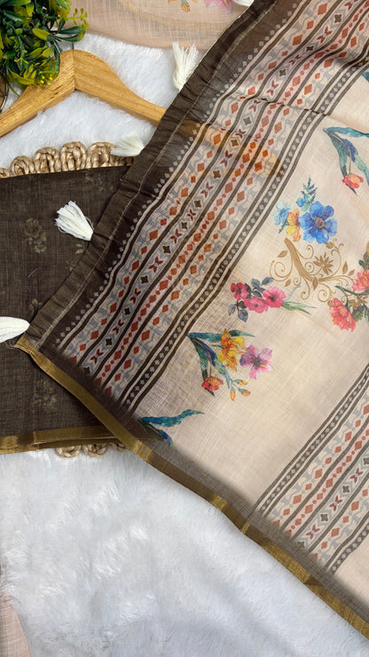 Cotton Linen beige with mahendi color Blouse Flower printed saree
