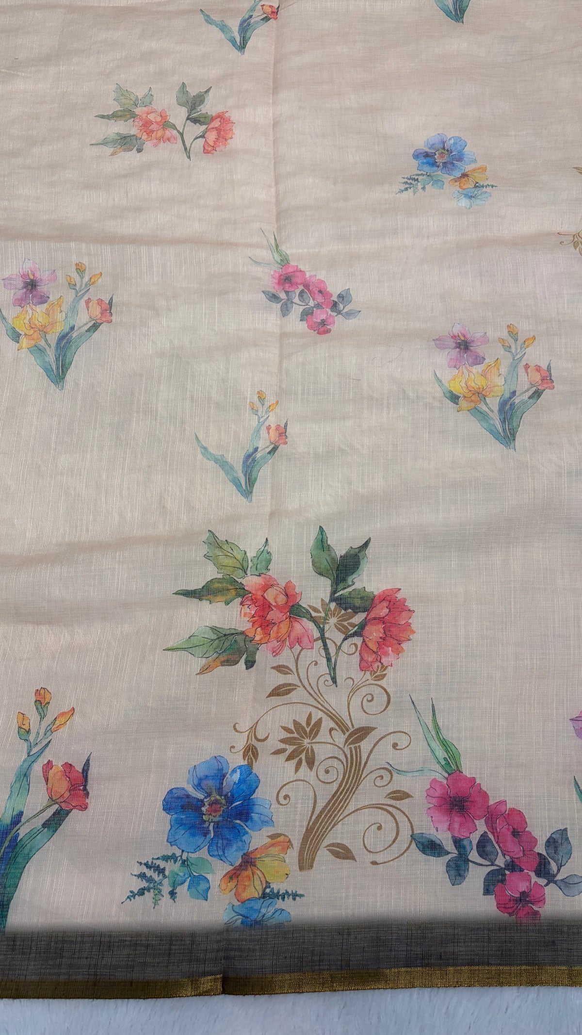 Cotton Linen beige with mahendi color Blouse Flower printed saree