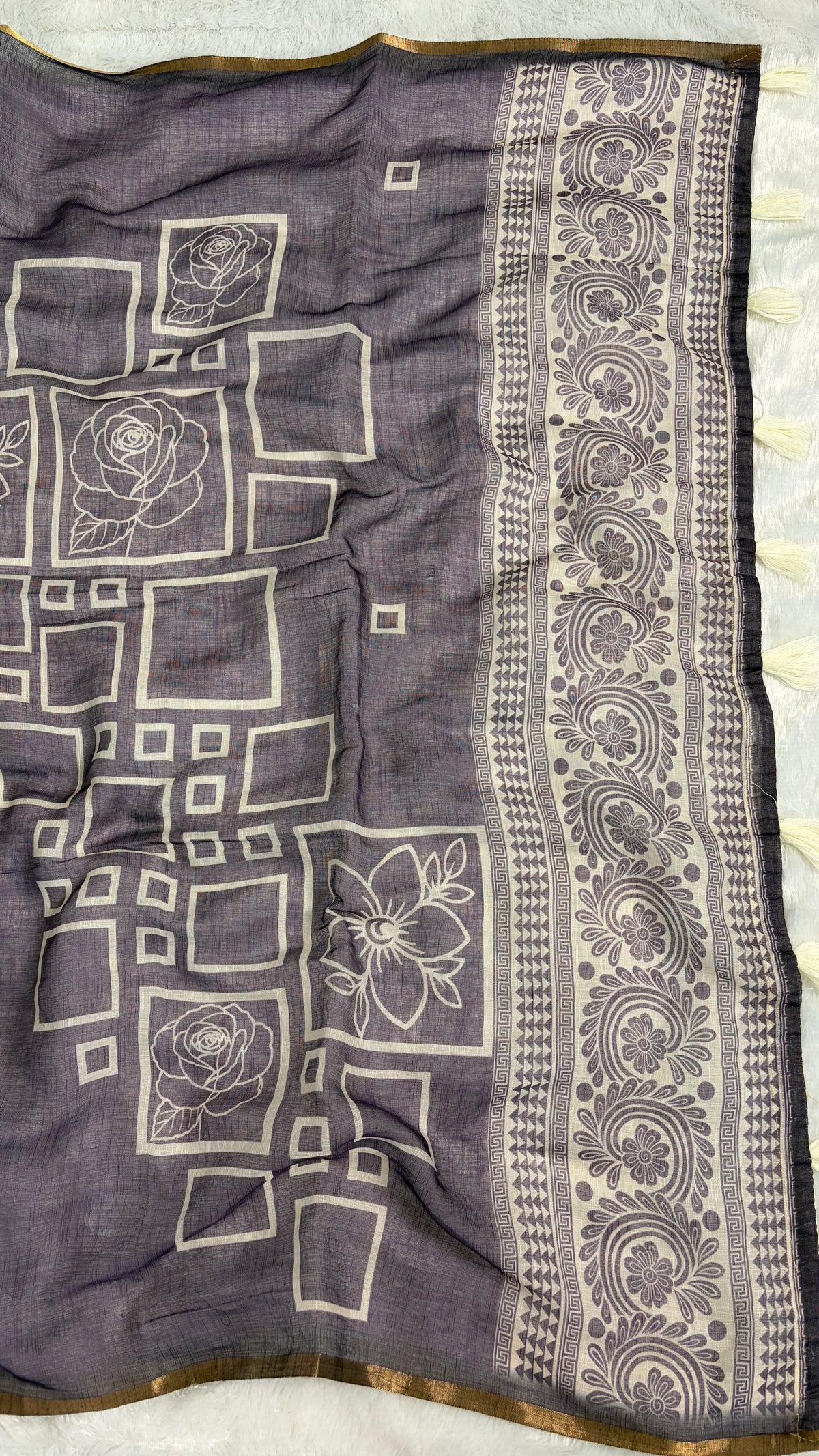 Cotton Linen Violet color With Darker Blouse Tone Abstract Printed Saree ￼