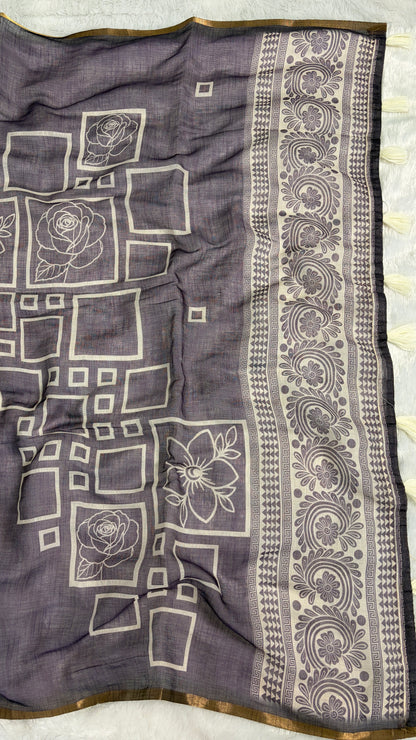 Cotton Linen Violet color With Darker Blouse Tone Abstract Printed Saree ￼