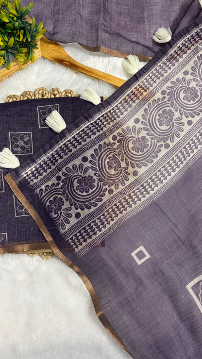 Cotton Linen Violet color With Darker Blouse Tone Abstract Printed Saree ￼