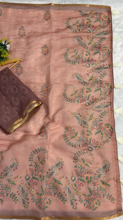 Cotton Linen Light Peach Color Saree with Flower Print