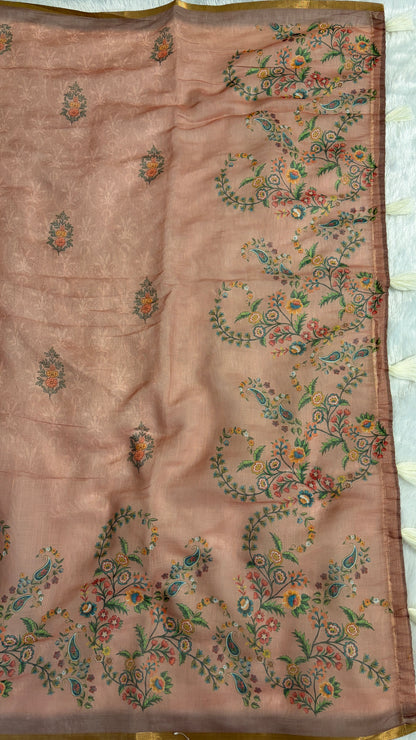 Cotton Linen Light Peach Color Saree with Flower Print