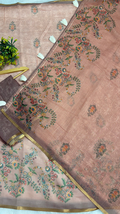Cotton Linen Light Peach Color Saree with Flower Print