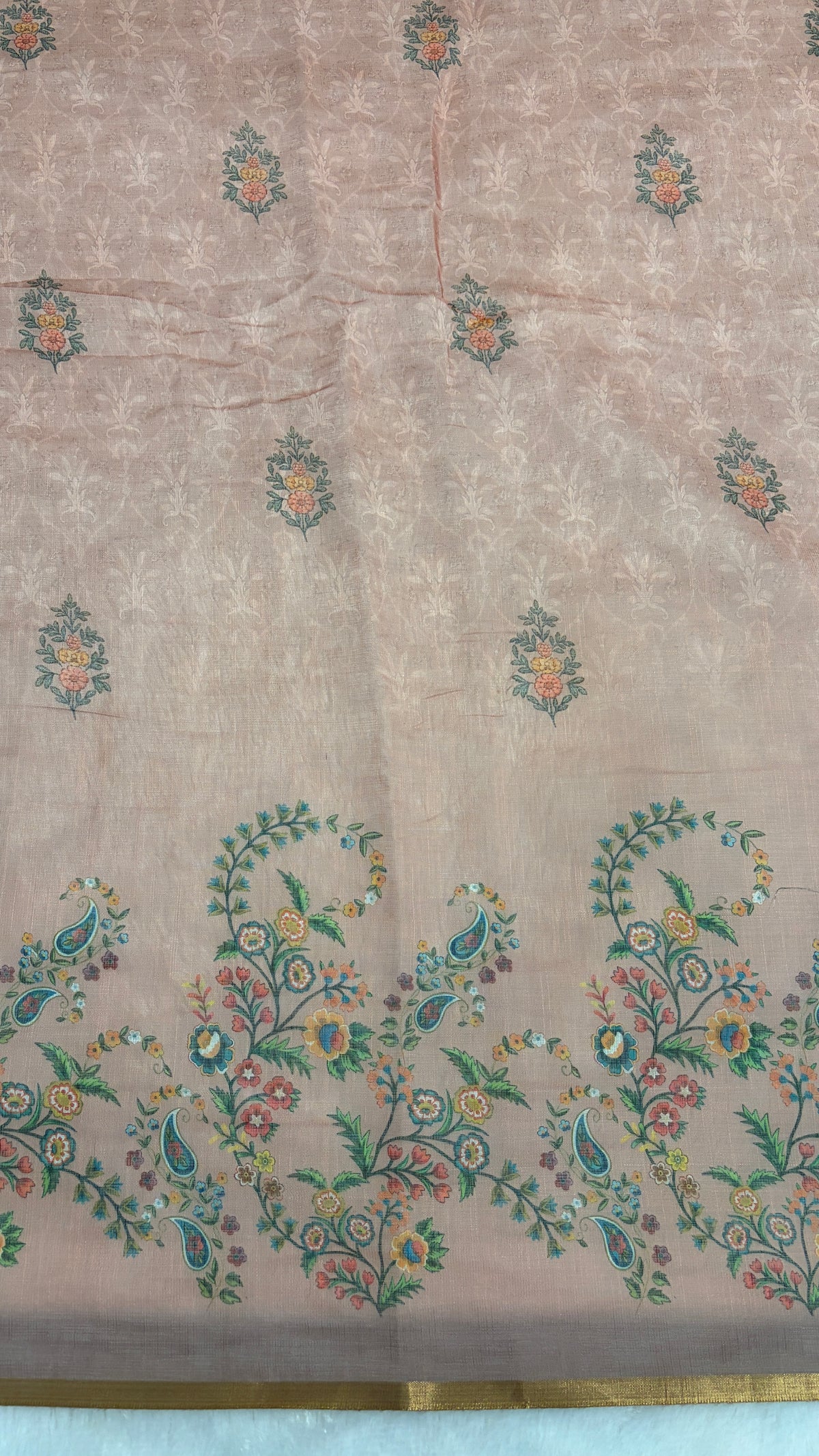 Cotton Linen Light Peach Color Saree with Flower Print