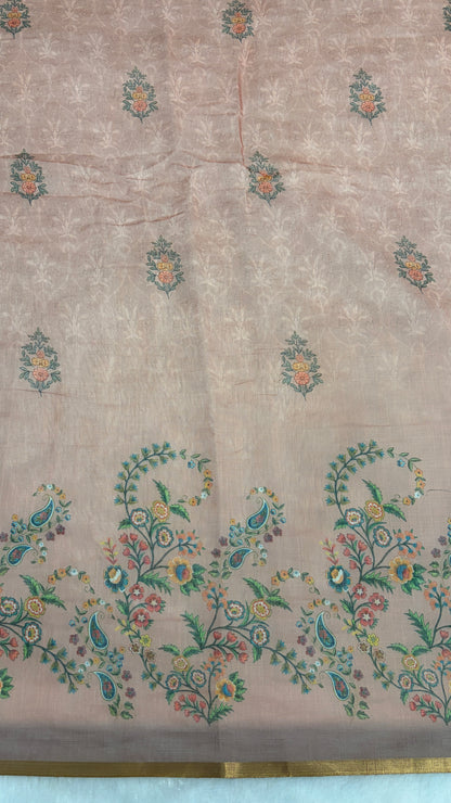 Cotton Linen Light Peach Color Saree with Flower Print