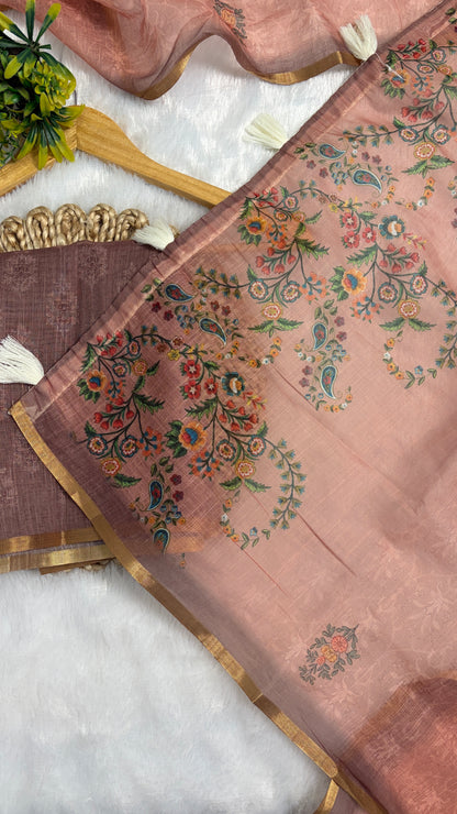 Cotton Linen Light Peach Color Saree with Flower Print