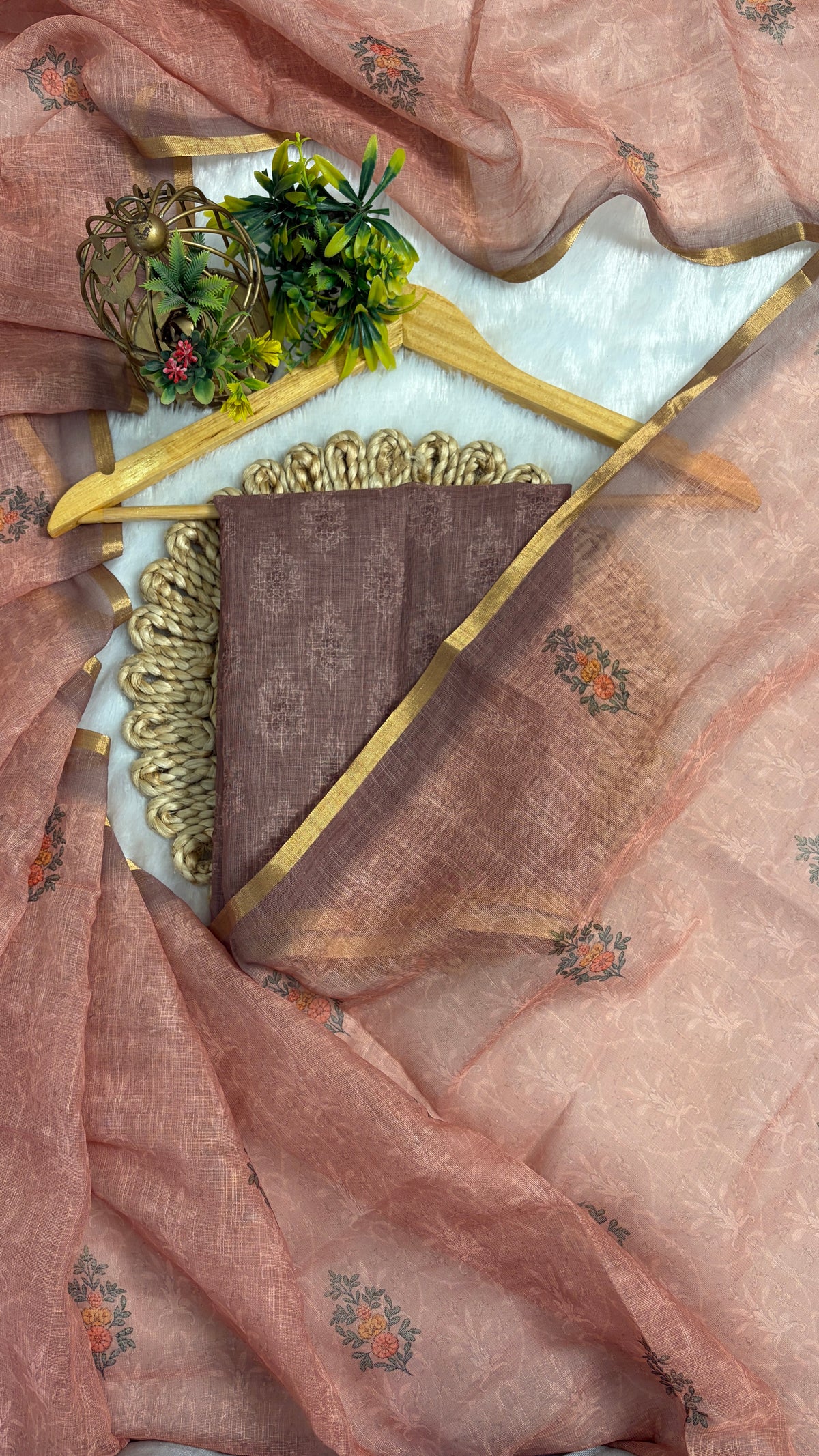 Cotton Linen Light Peach Color Saree with Flower Print