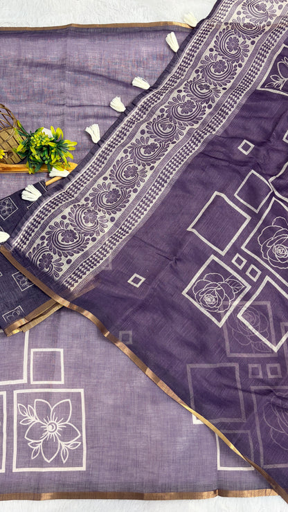 Cotton Linen Violet color With Darker Blouse Tone Abstract Printed Saree ￼