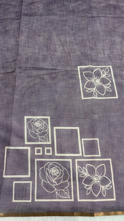 Cotton Linen Violet color With Darker Blouse Tone Abstract Printed Saree ￼