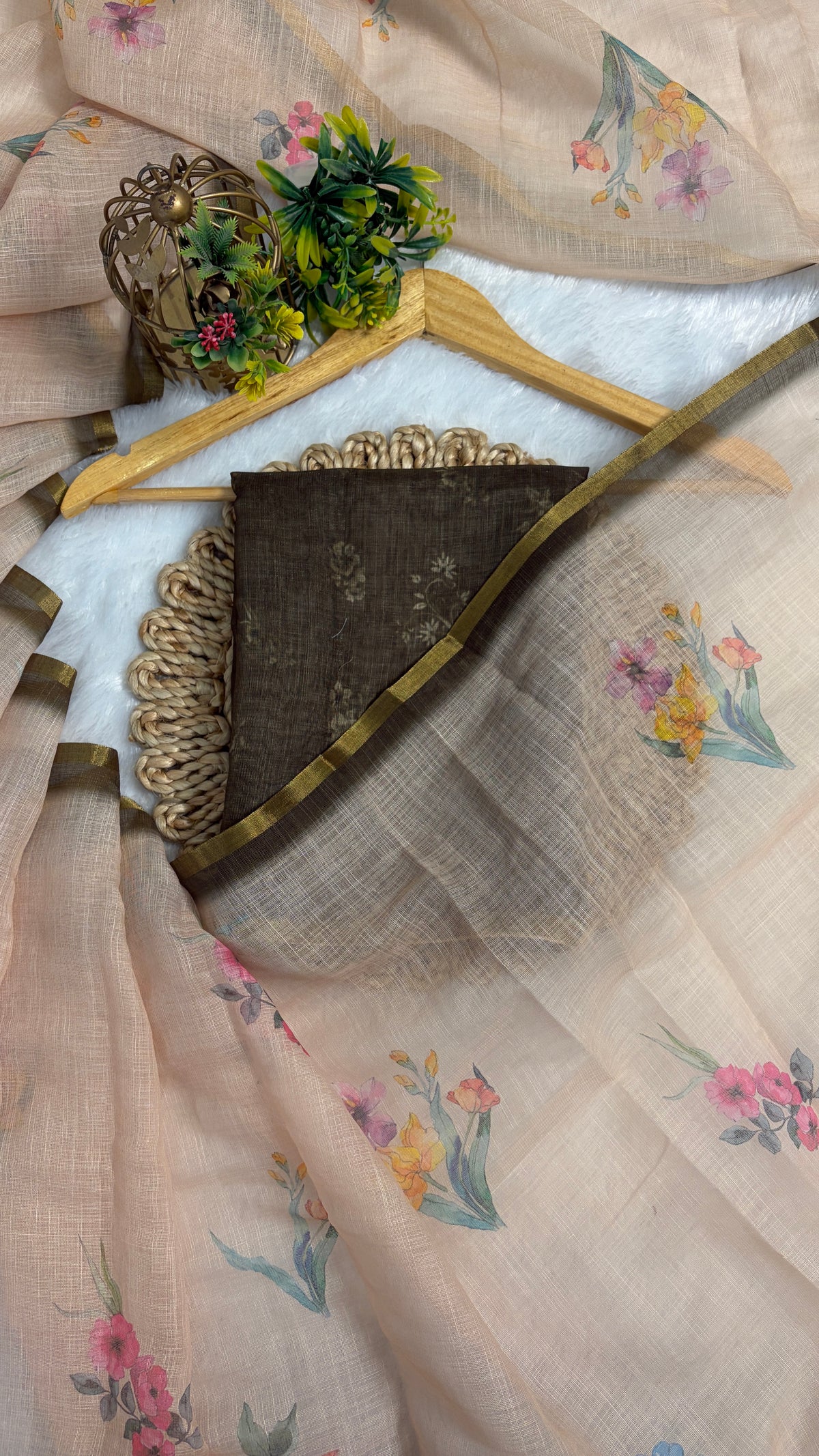 Cotton Linen beige with mahendi color Blouse Flower printed saree