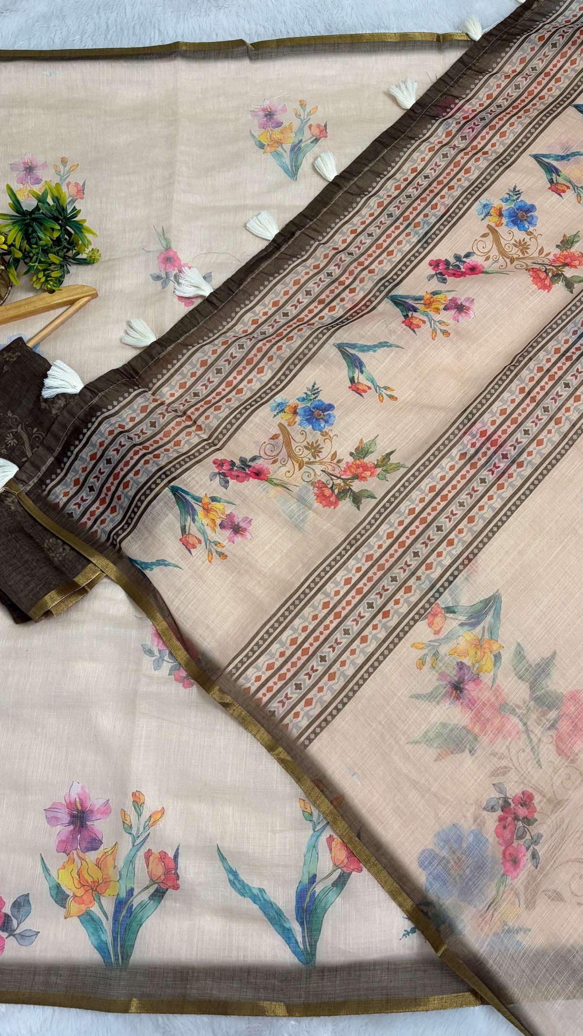 Cotton Linen beige with mahendi color Blouse Flower printed saree