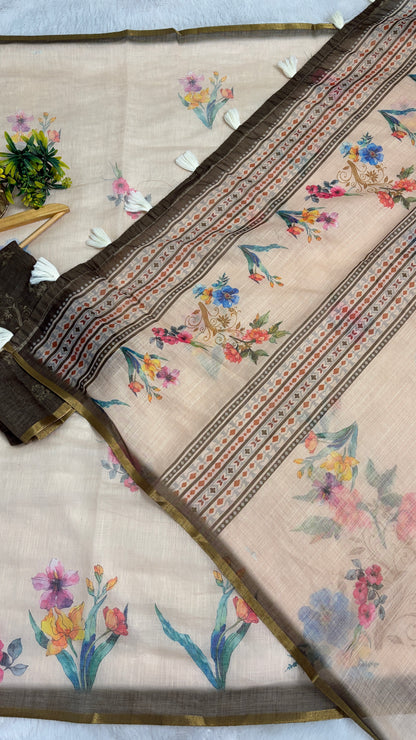 Cotton Linen beige with mahendi color Blouse Flower printed saree