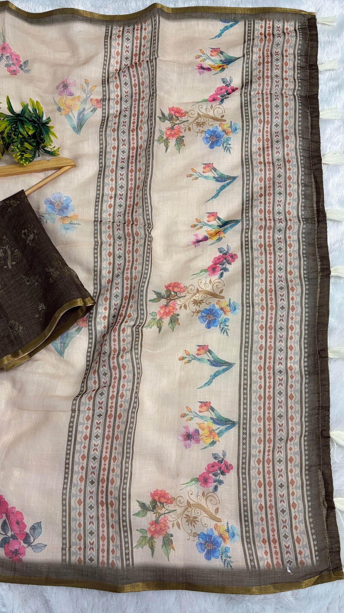 Cotton Linen beige with mahendi color Blouse Flower printed saree