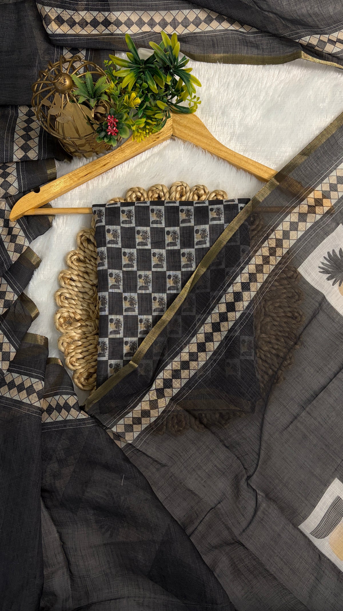 Cotton Linen Dark Black Color with abstract printed saree