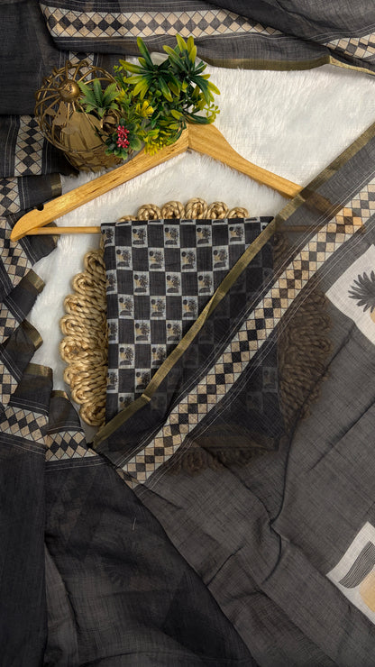 Cotton Linen Dark Black Color with abstract printed saree