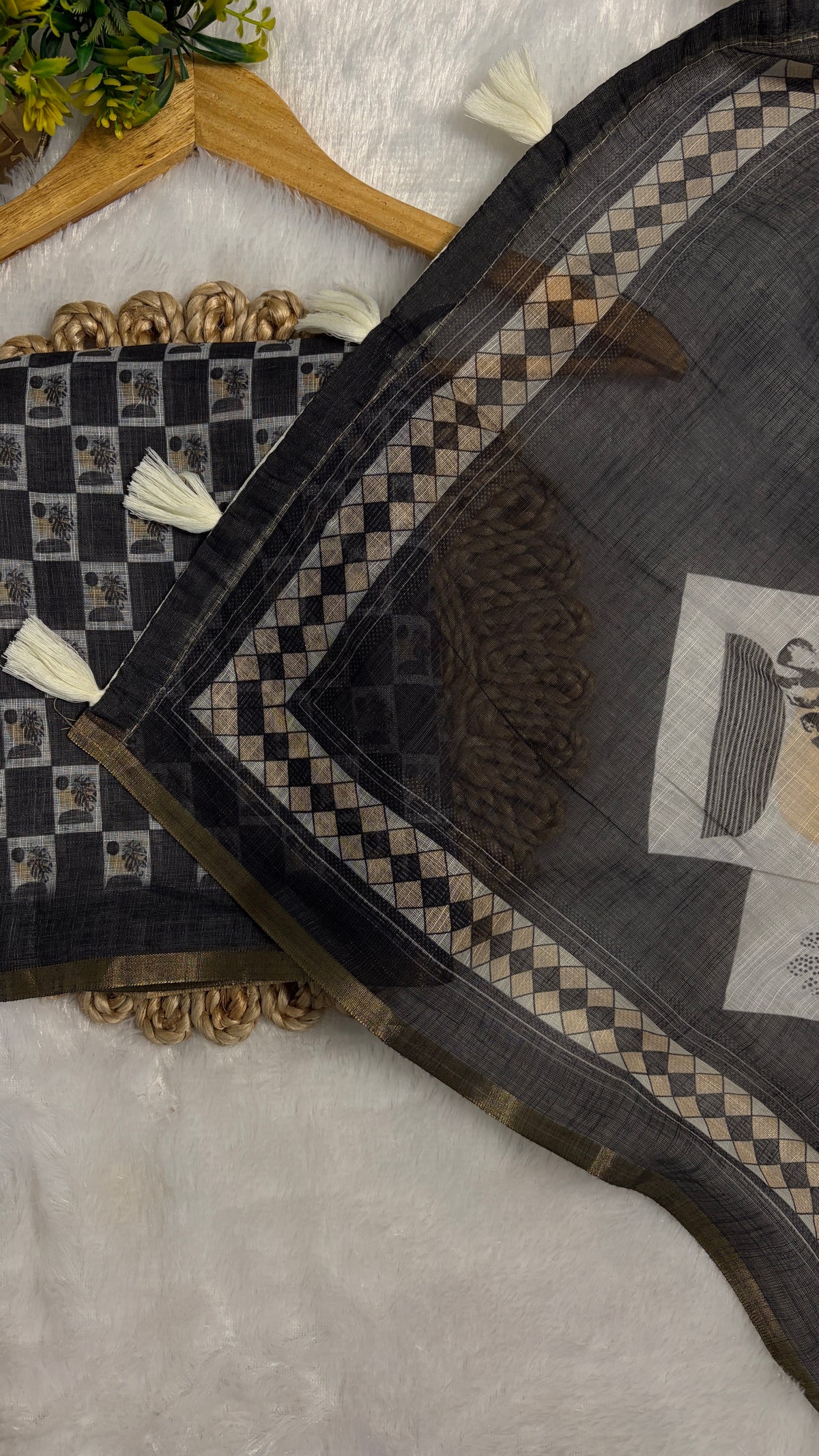 Cotton Linen Dark Black Color with abstract printed saree