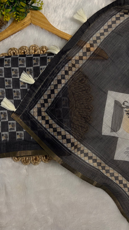 Cotton Linen Dark Black Color with abstract printed saree