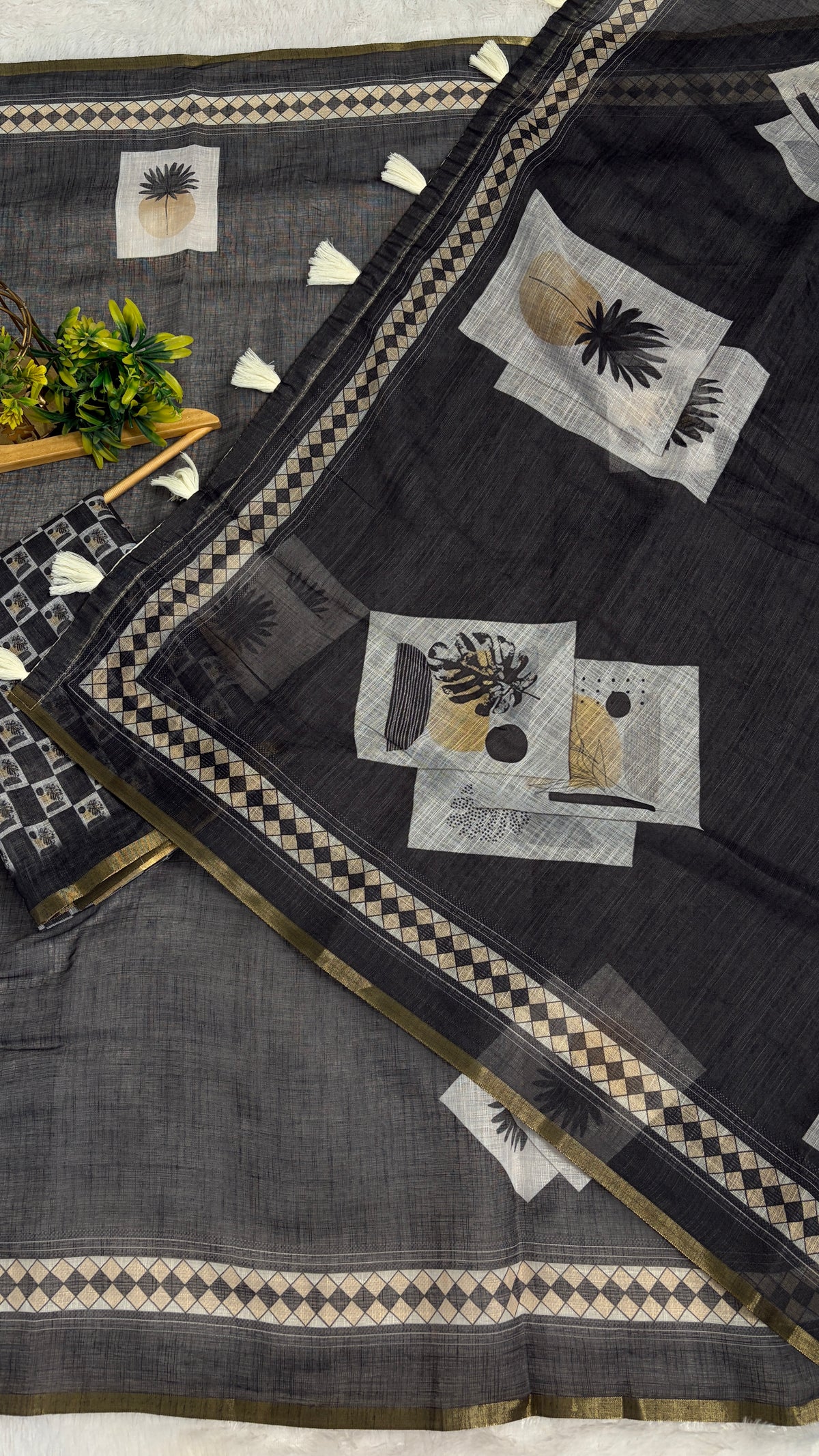 Cotton Linen Dark Black Color with abstract printed saree