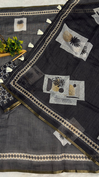 Cotton Linen Dark Black Color with abstract printed saree