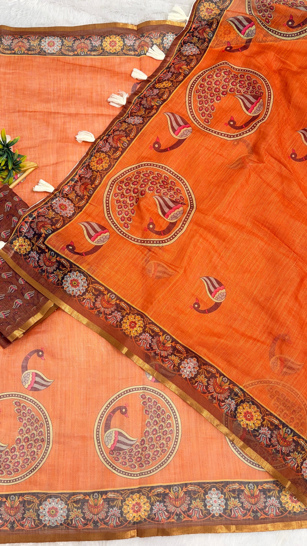 Cotton Linen Orange with Rust Color Blouse with Peacock Printed Saree