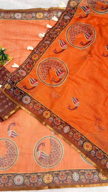 Cotton Linen Orange with Rust Color Blouse with Peacock Printed Saree