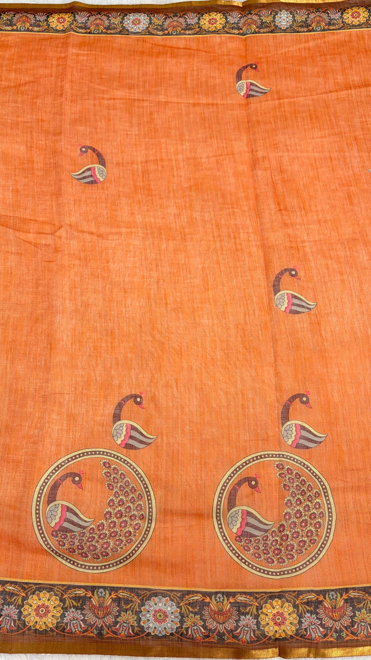 Cotton Linen Orange with Rust Color Blouse with Peacock Printed Saree