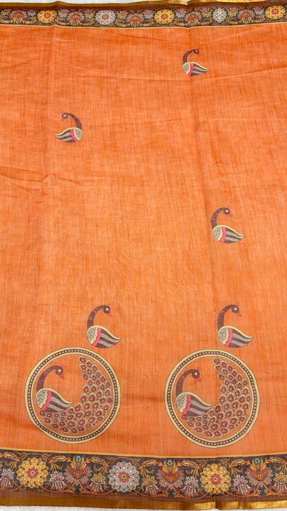Cotton Linen Orange with Rust Color Blouse with Peacock Printed Saree