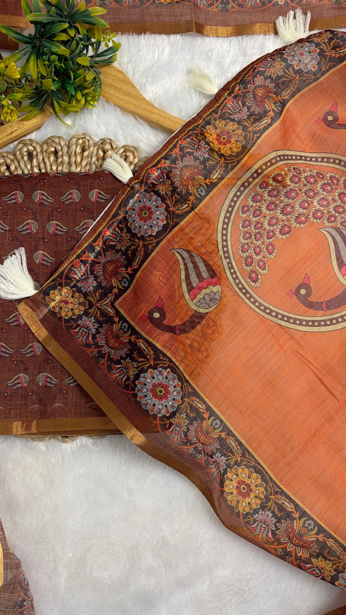 Cotton Linen Orange with Rust Color Blouse with Peacock Printed Saree