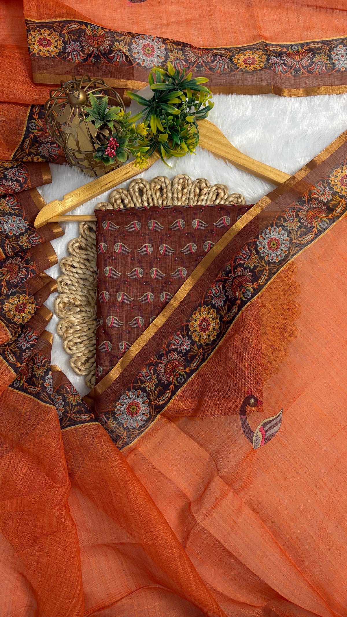 Cotton Linen Orange with Rust Color Blouse with Peacock Printed Saree