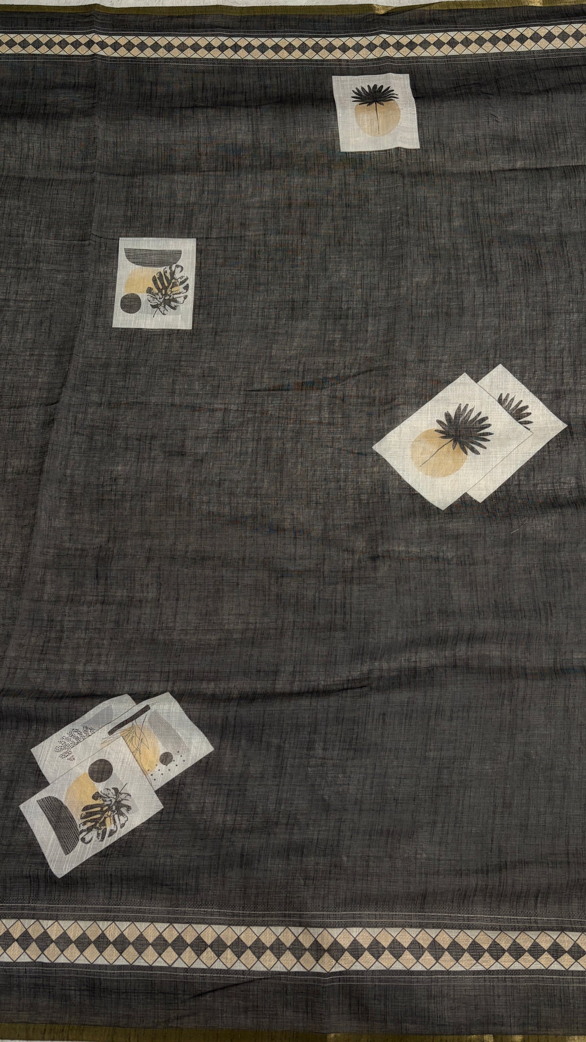 Cotton Linen Dark Black Color with abstract printed saree