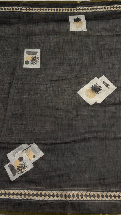 Cotton Linen Dark Black Color with abstract printed saree