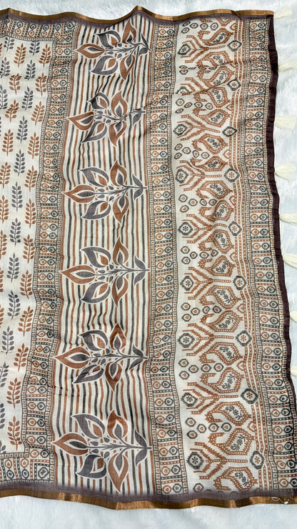 Cotton Linen White with Purple Color Blouse Heavy Printed Saree
