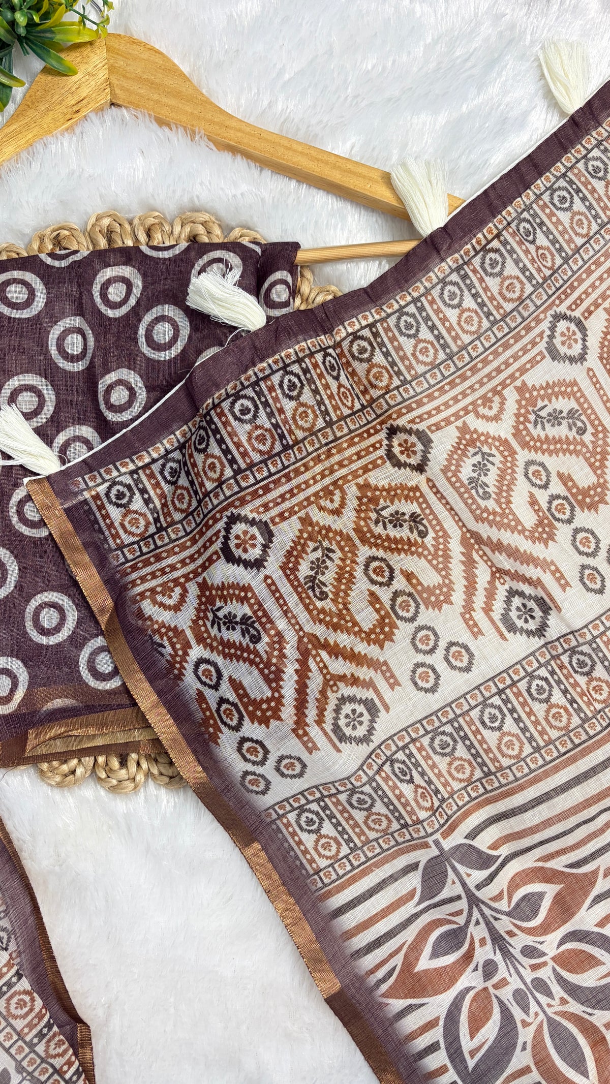Cotton Linen White with Purple Color Blouse Heavy Printed Saree