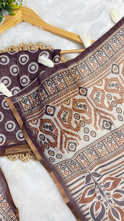 Cotton Linen White with Purple Color Blouse Heavy Printed Saree