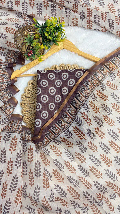 Cotton Linen White with Purple Color Blouse Heavy Printed Saree