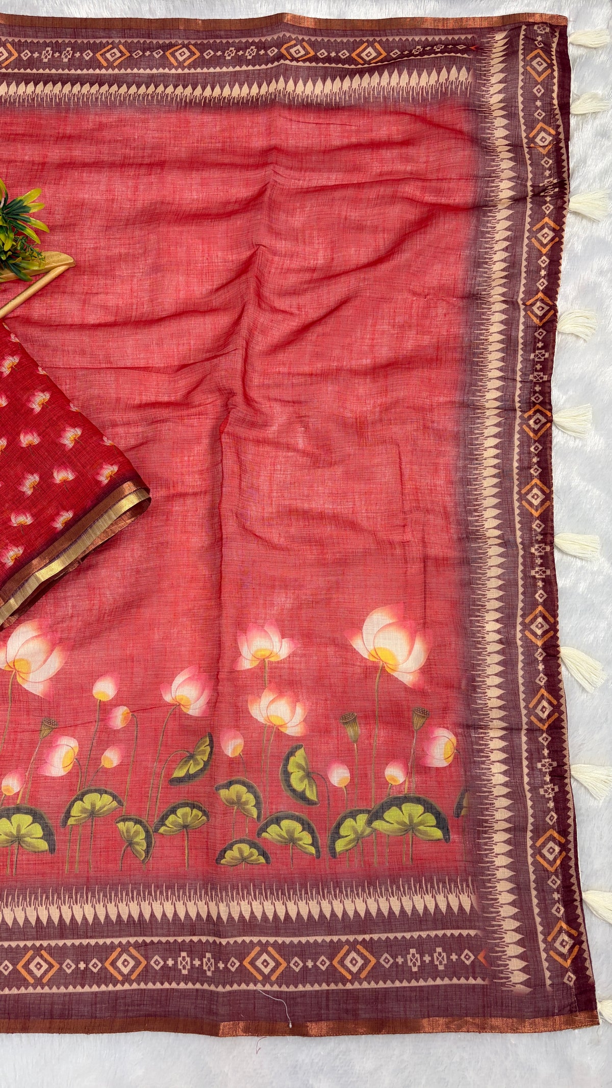 Cotton Linen Tomato Red Color with Flower Printed Saree