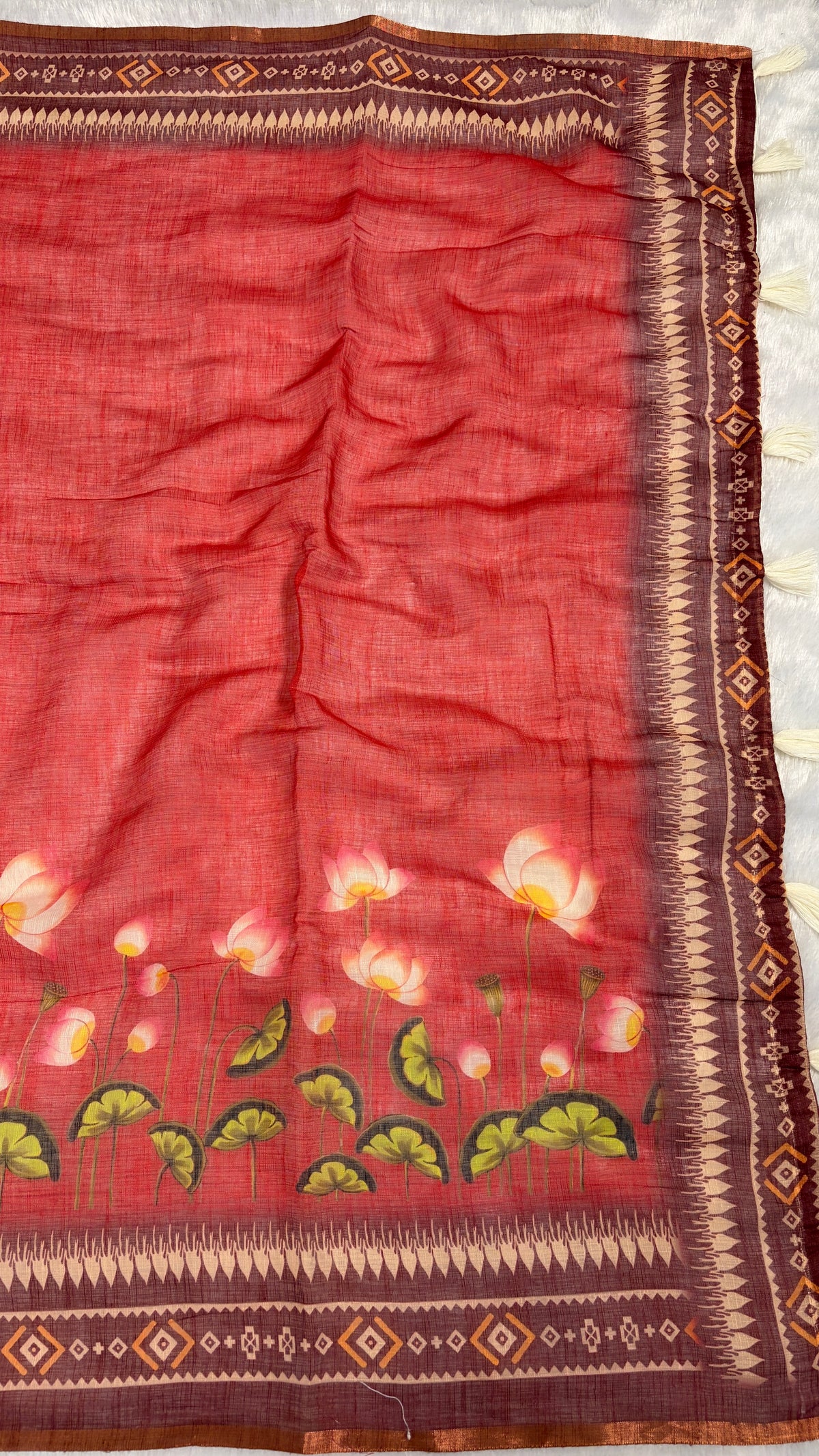 Cotton Linen Tomato Red Color with Flower Printed Saree